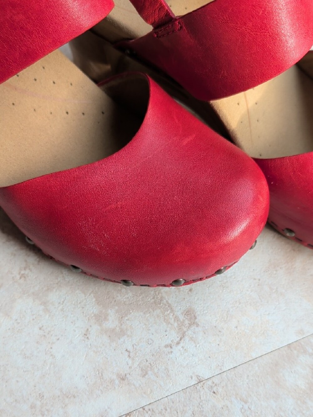 Dansko Red Leather Studded Clog Sandals With Heel - Picture 4 of 9